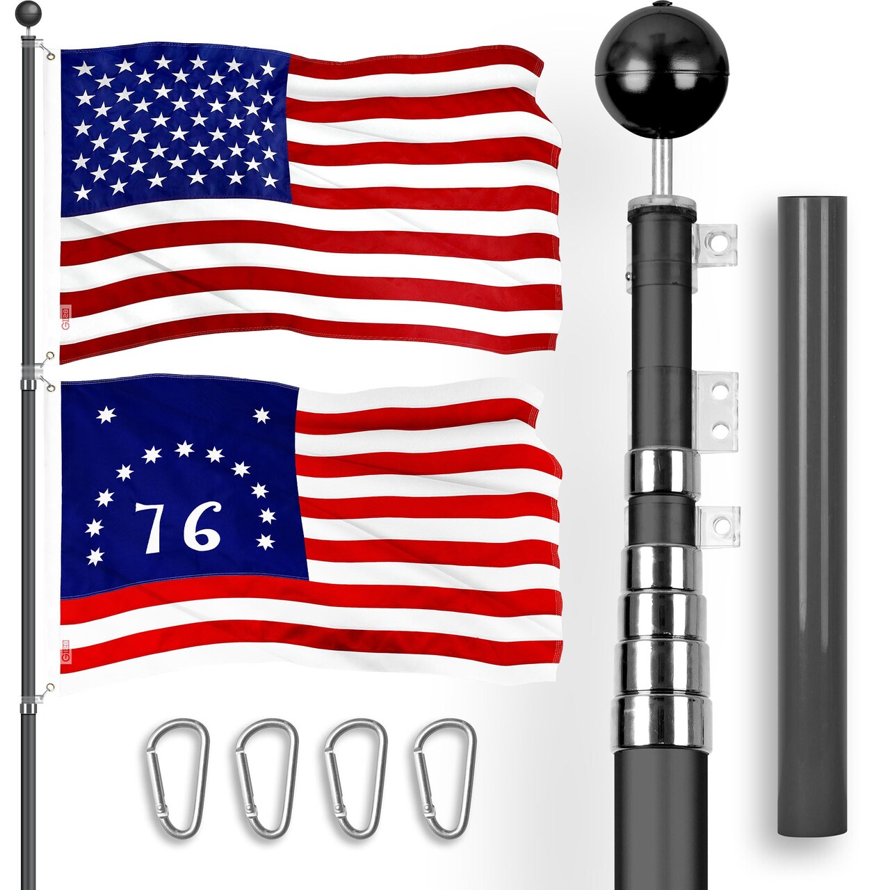 G128 Combo Pack: 20 Ft Telescoping Aluminum Flagpole (Black) & American and Bennington Flags 3x5 Ft, Both ToughWeave Series Embroidered Polyester | Pole with Flags Included